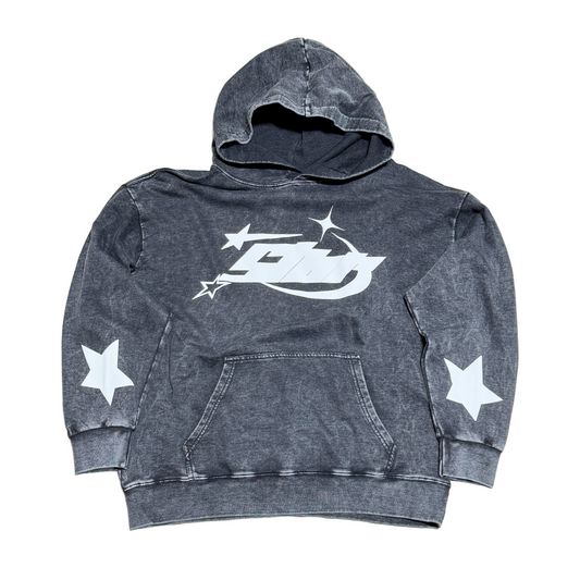 Black Puff Print Star Acid Wash Lightweight Hoodie