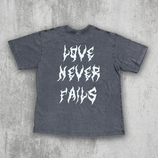 Gray Love Never Fails Acid Wash Vintage T-Shirt