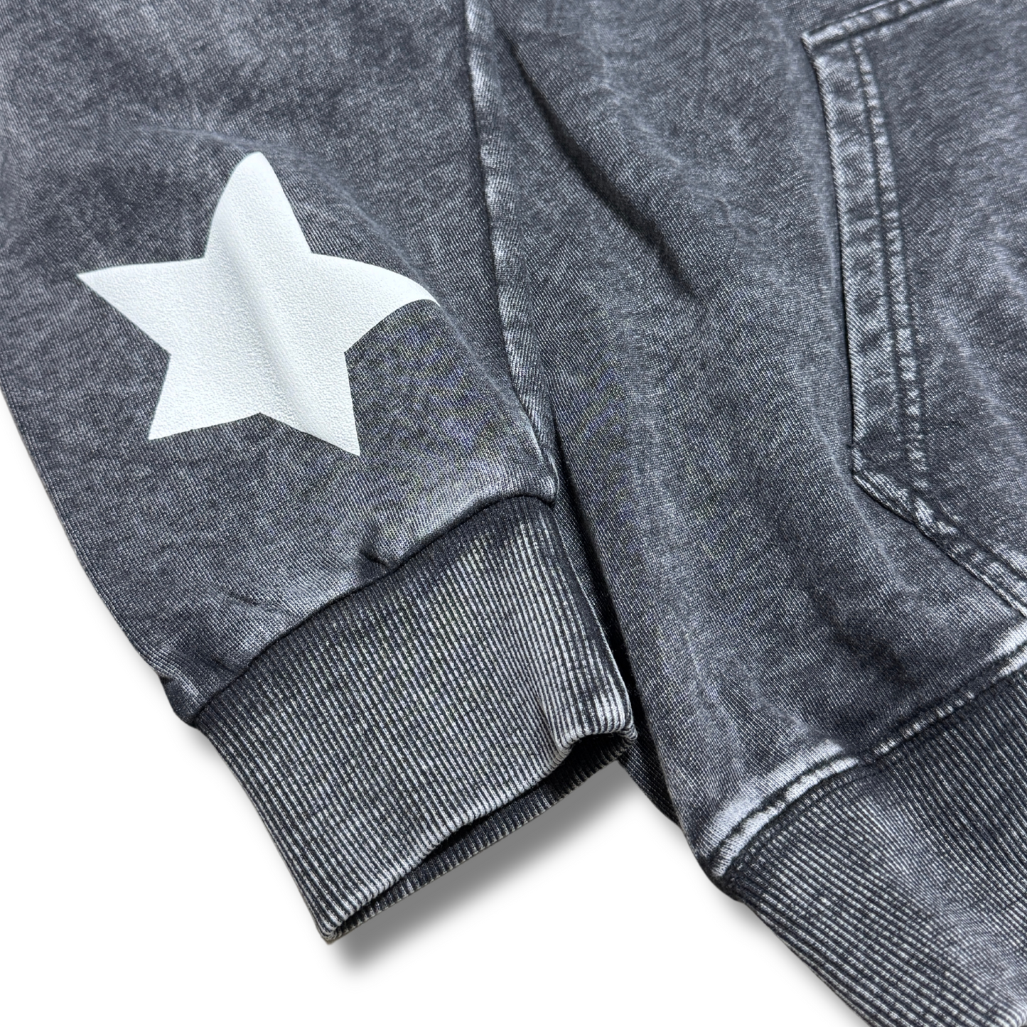 Black Puff Print Star Acid Wash Lightweight Hoodie